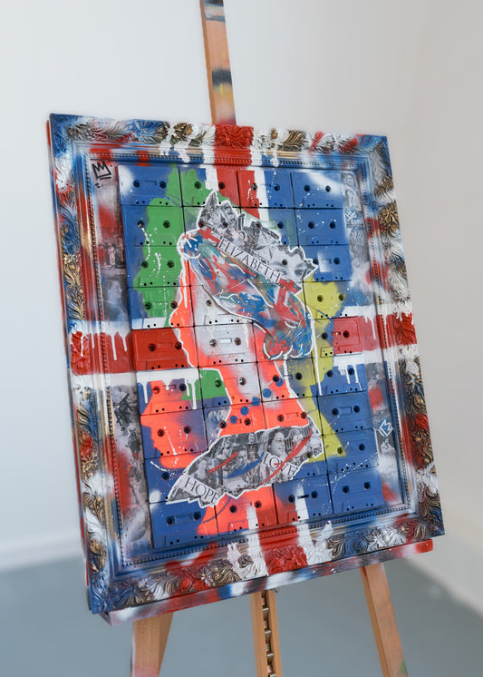 Queen Elizabeth 11 on vintage cassette tapes. Collage and spray paints have been used to create this piece 
