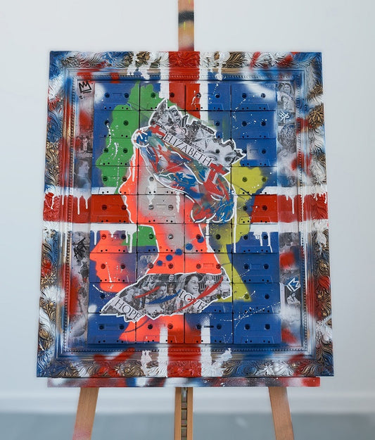 Queen Elizabeth 11 on vintage cassette tapes. Collage and spray paints have been used to create this piece 